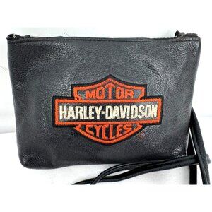 Vintage 90s Harley-Davidson USA Black Leather Embroidered Crossbody Shoulder Bag